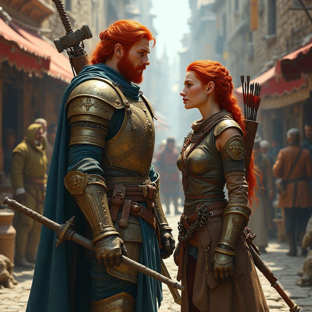 Red-Haired Half-Elf Adventurers in Medieval City