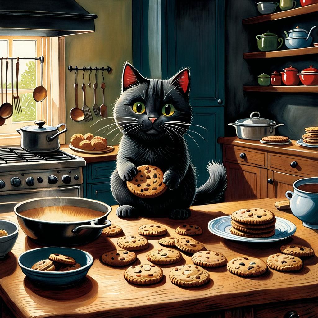 Mischievous Cat Plays with Cookies in Storybook Style