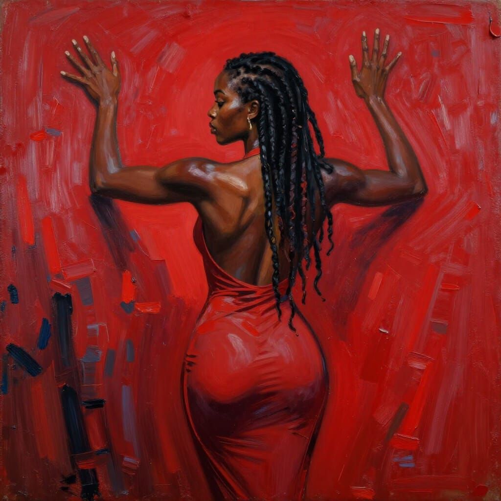 Ebony Woman in Red Hurricane Expressionist Painting