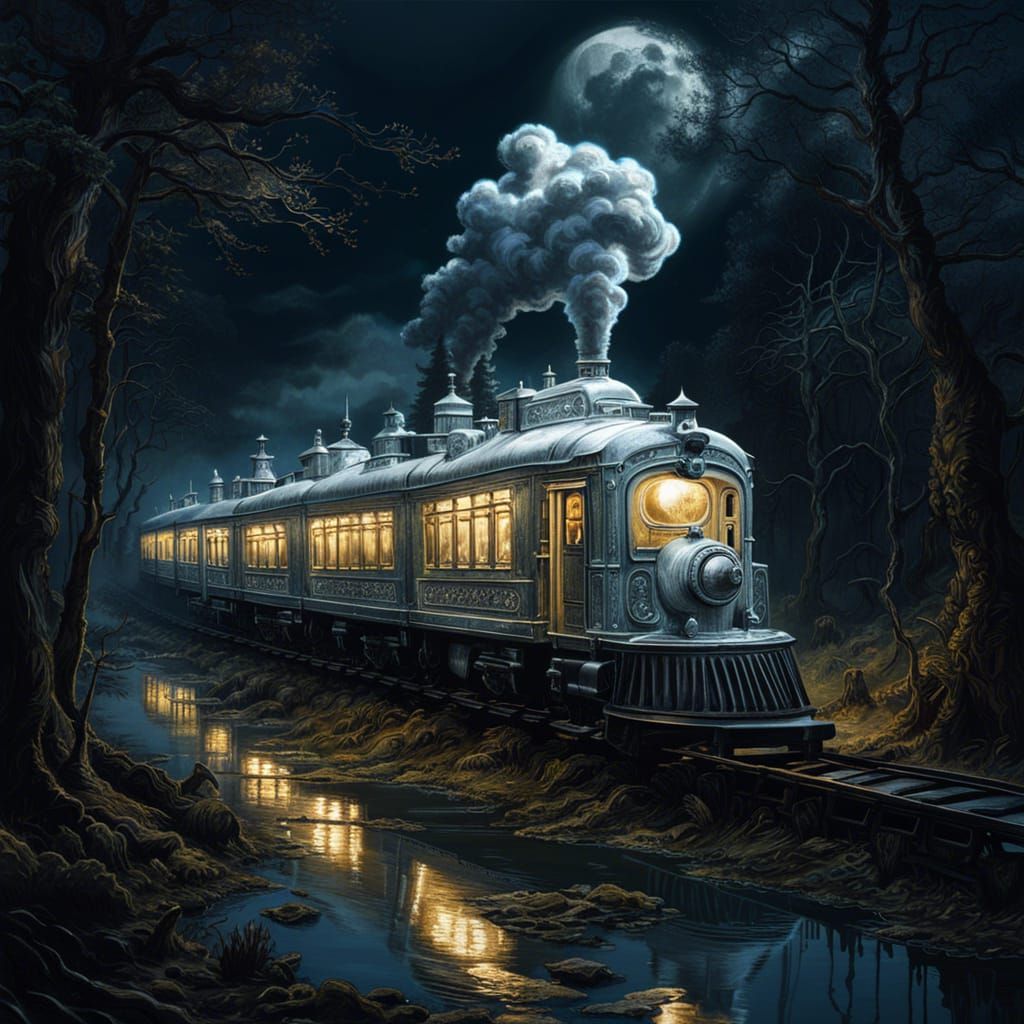 Eerie Ghost Train in Moonlit Swamp: Rococo Photorealism