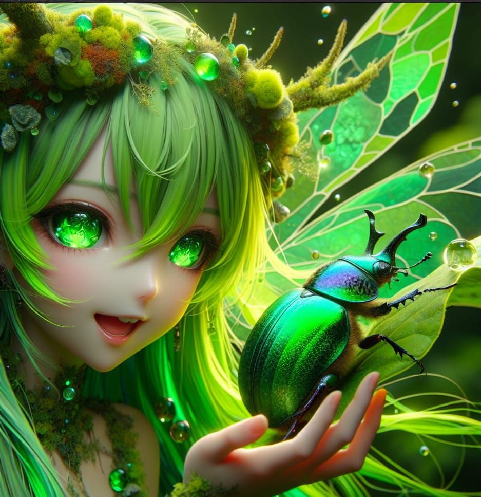 Lichen-Covered Anime Fairy with Emerald Scarab Beetle