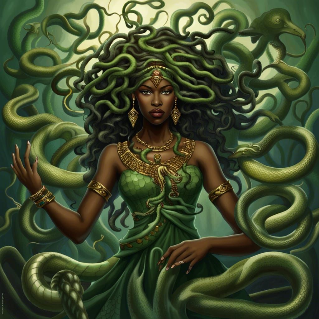 African Medusa in Gown of Vines and Snakes