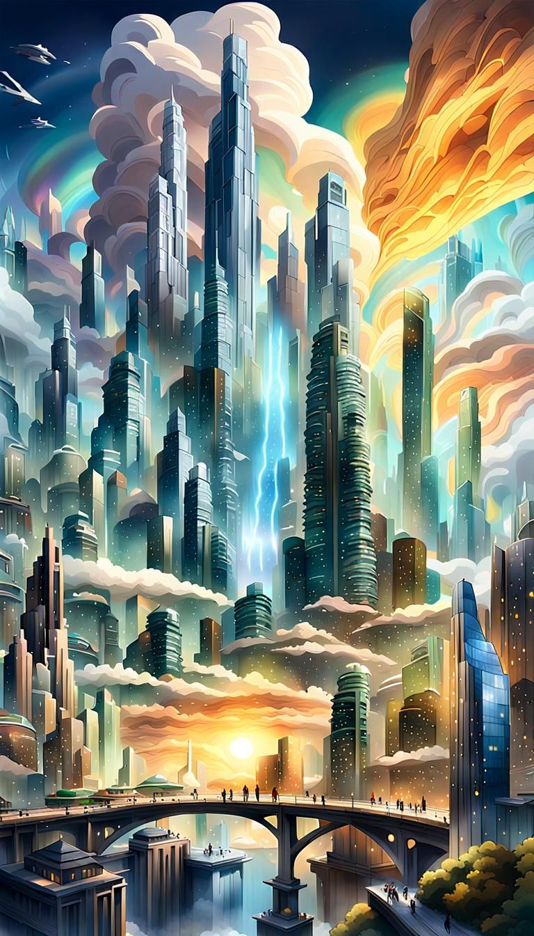 Futuristic Metropolis Concept Art with Aurora Skies