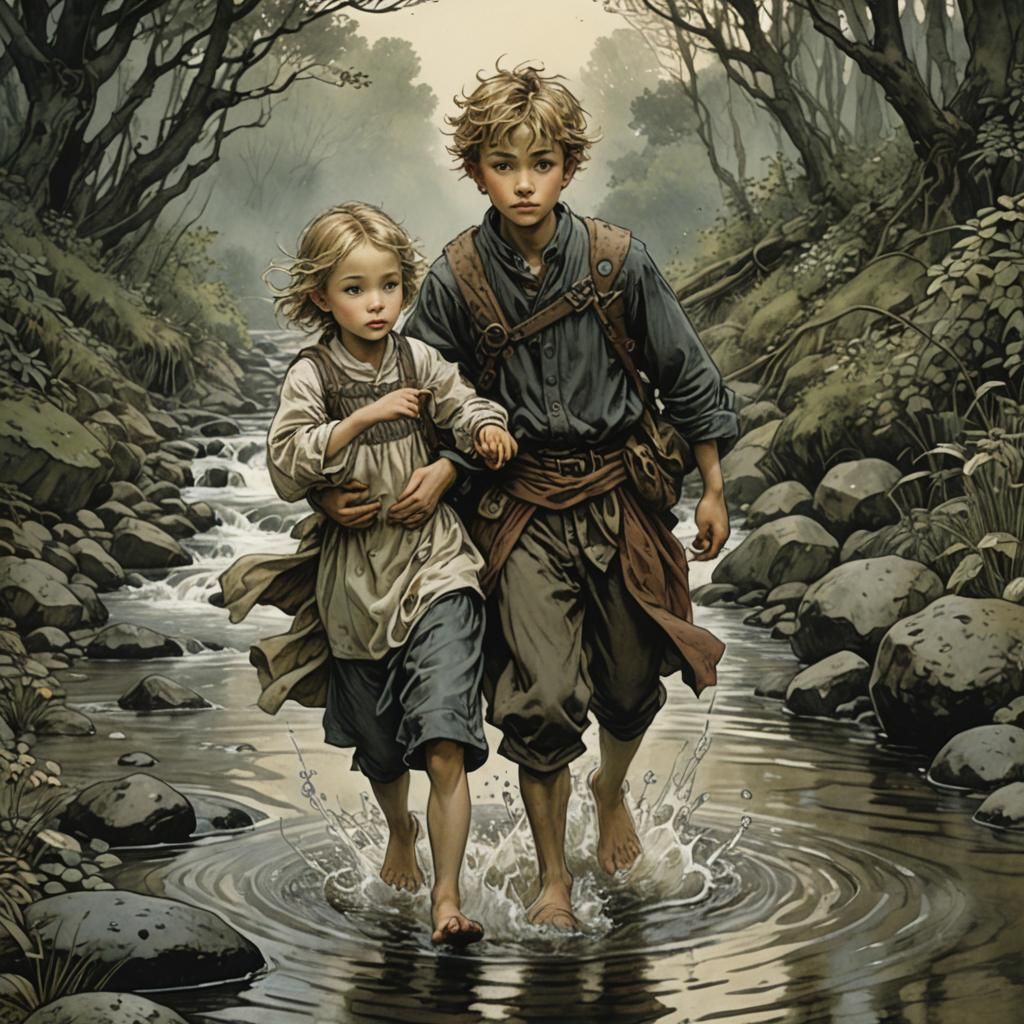 Brother and Sister Wading Through Stream Illustration