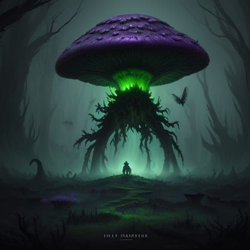 Giant Mushroom Beast in Dark Fantasy Landscape
