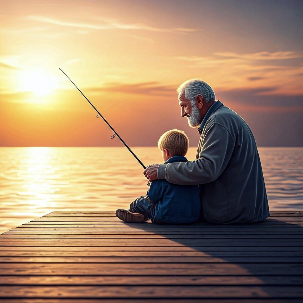Grandfather and Grandson Fishing on Pier in Warm, Painterly ...