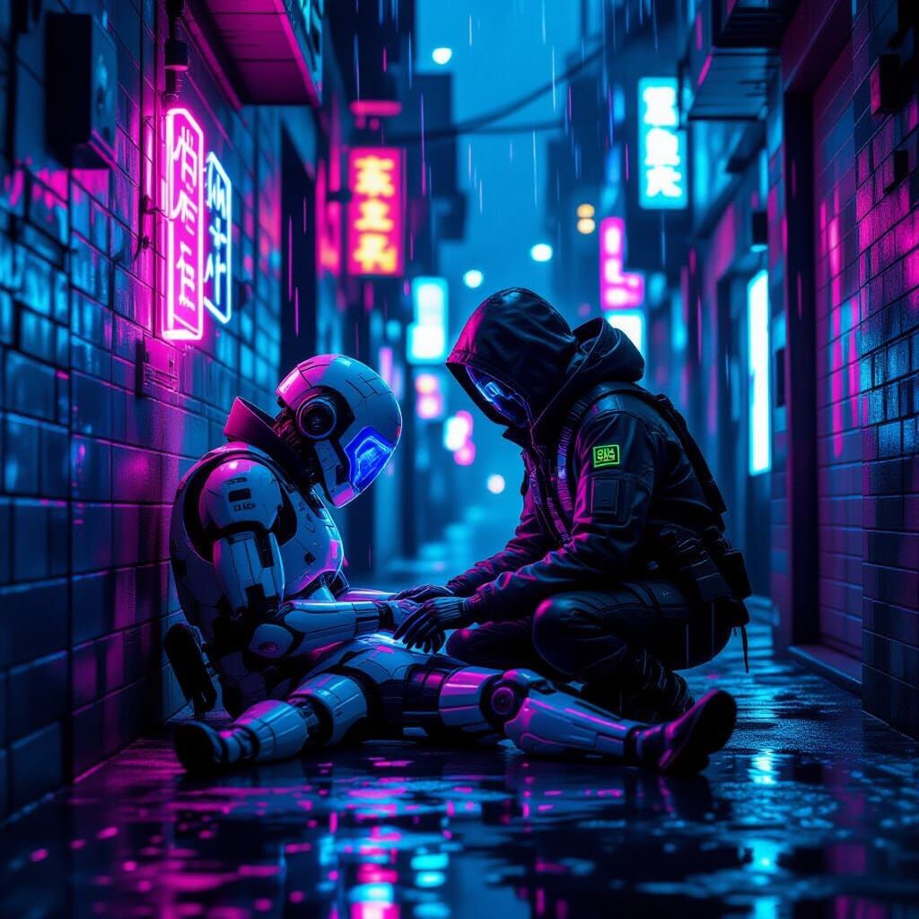 Cyberpunk Medic in Neon Alleyway: Realistic Gritty Scene