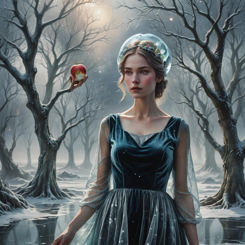 Woman with Apple Head in Mystical Landscape