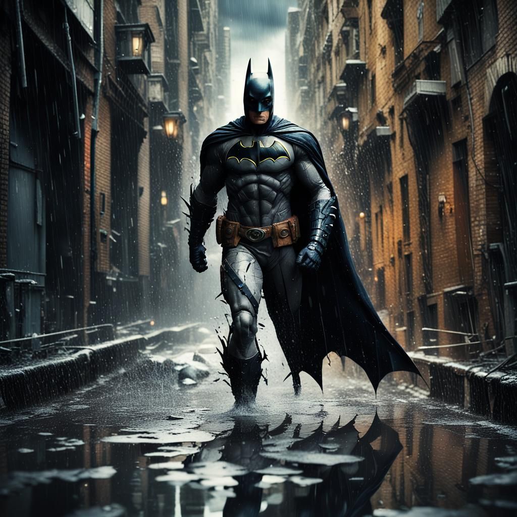 Batman in Rainy City Alley: Detailed Matte Painting