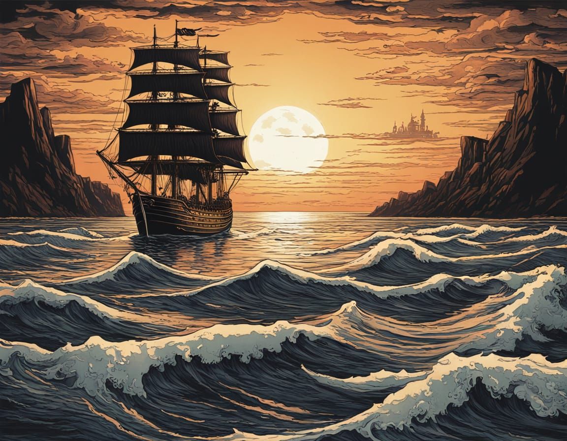 Majestic Ship on Vast Ocean at Sunset Digital Illustration
