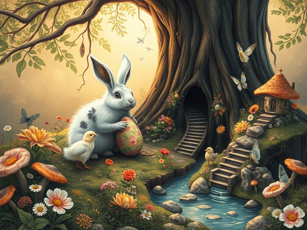 Enchanted Fairy Village with Bunny, Charcoal Drawing