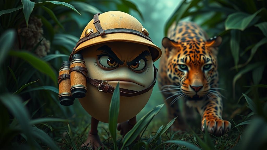 Angry Egg Chased by Jaguar in Vibrant Jungle