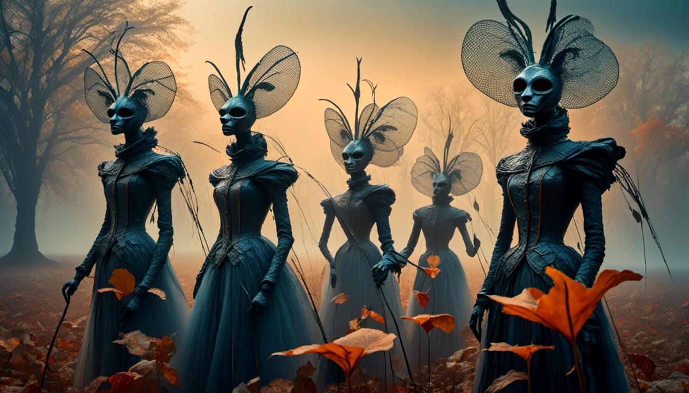 Surrealist Dreamscape with Scarecrows and Steel Mantis