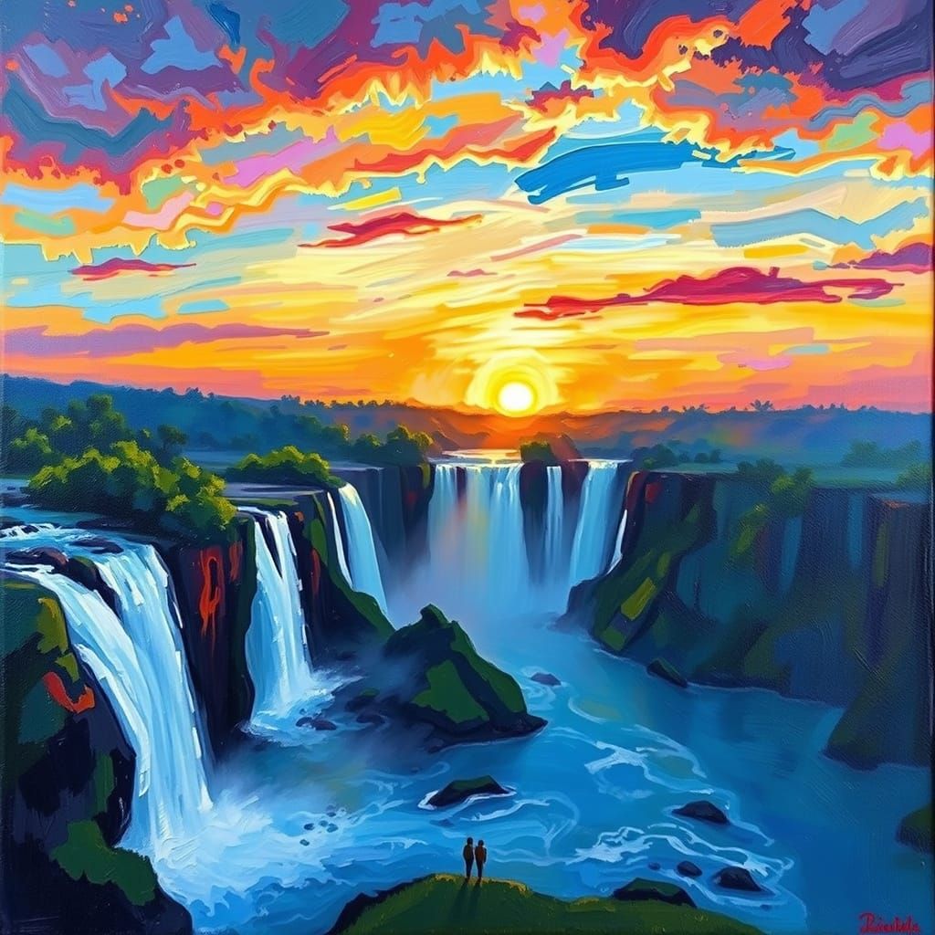 Vibrant Neo-Impressionist Sunset at Iguazu Falls
