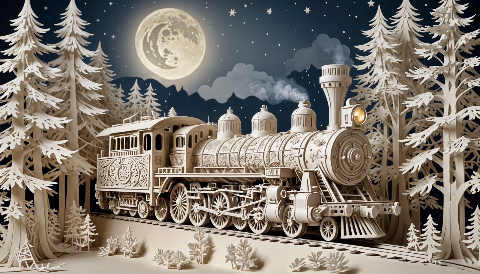 Kirigami Style 3D Steam Train in Moonlit Forest