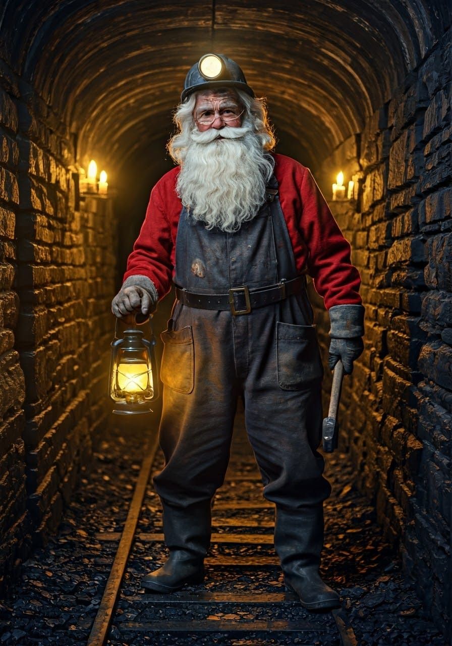 World-weary Santa Claus as Grim Coal Miner