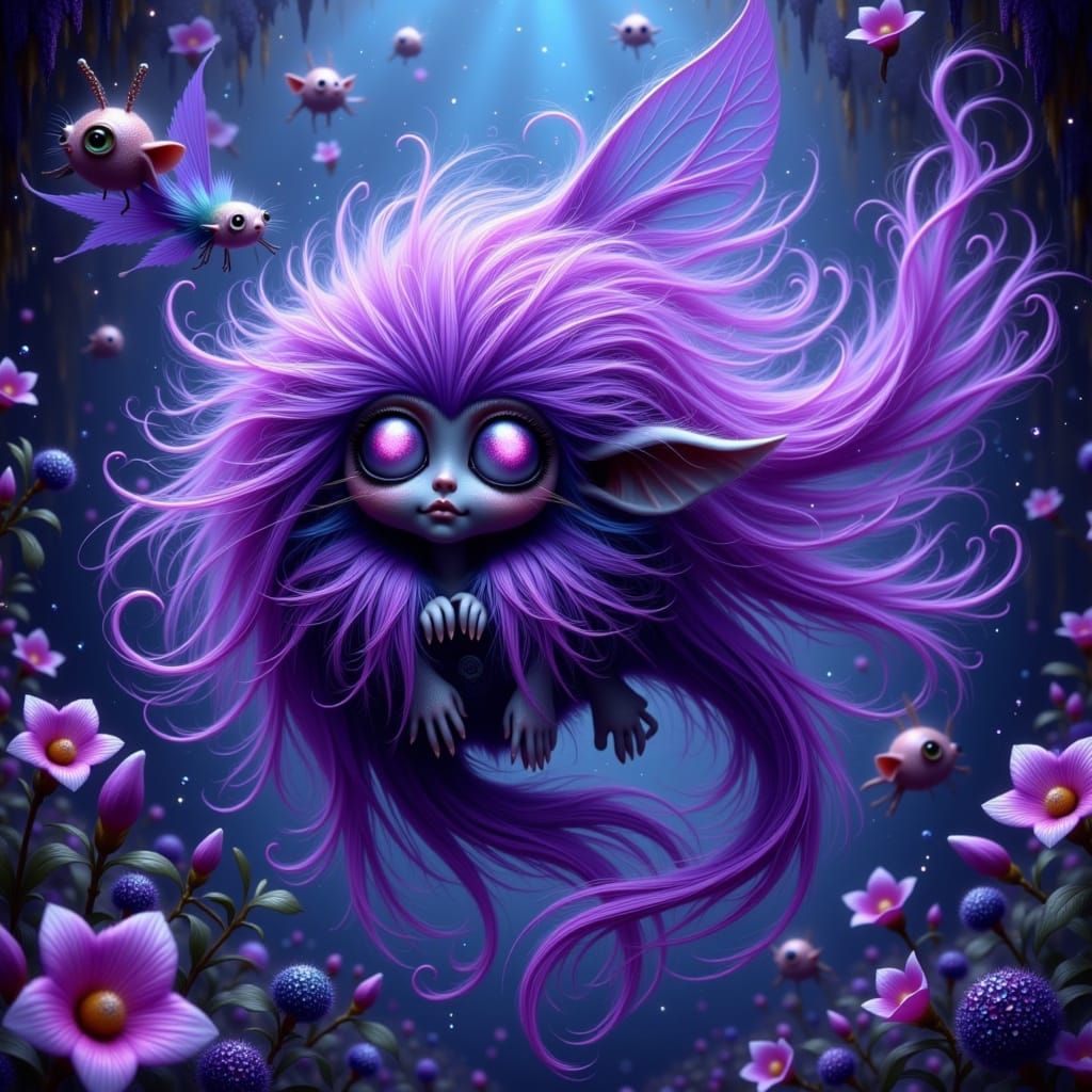 Violet Furry Fish in Surreal Aquarium, Dreamlike Scene