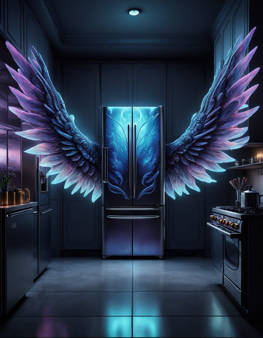 Ethereal Creature Approaches Futuristic Fridge in Dreamlike ...