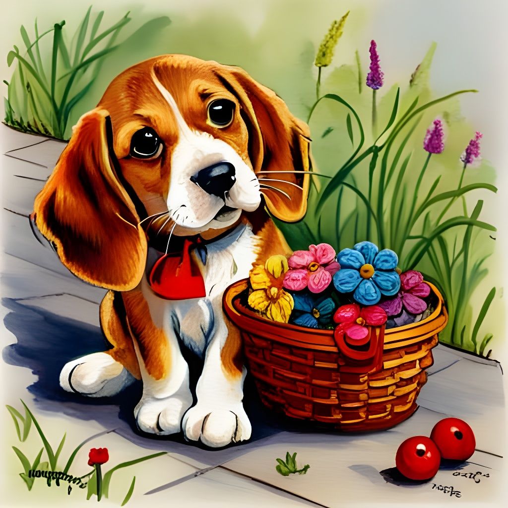 Adorable Beagle Puppy with Crochet Flowers