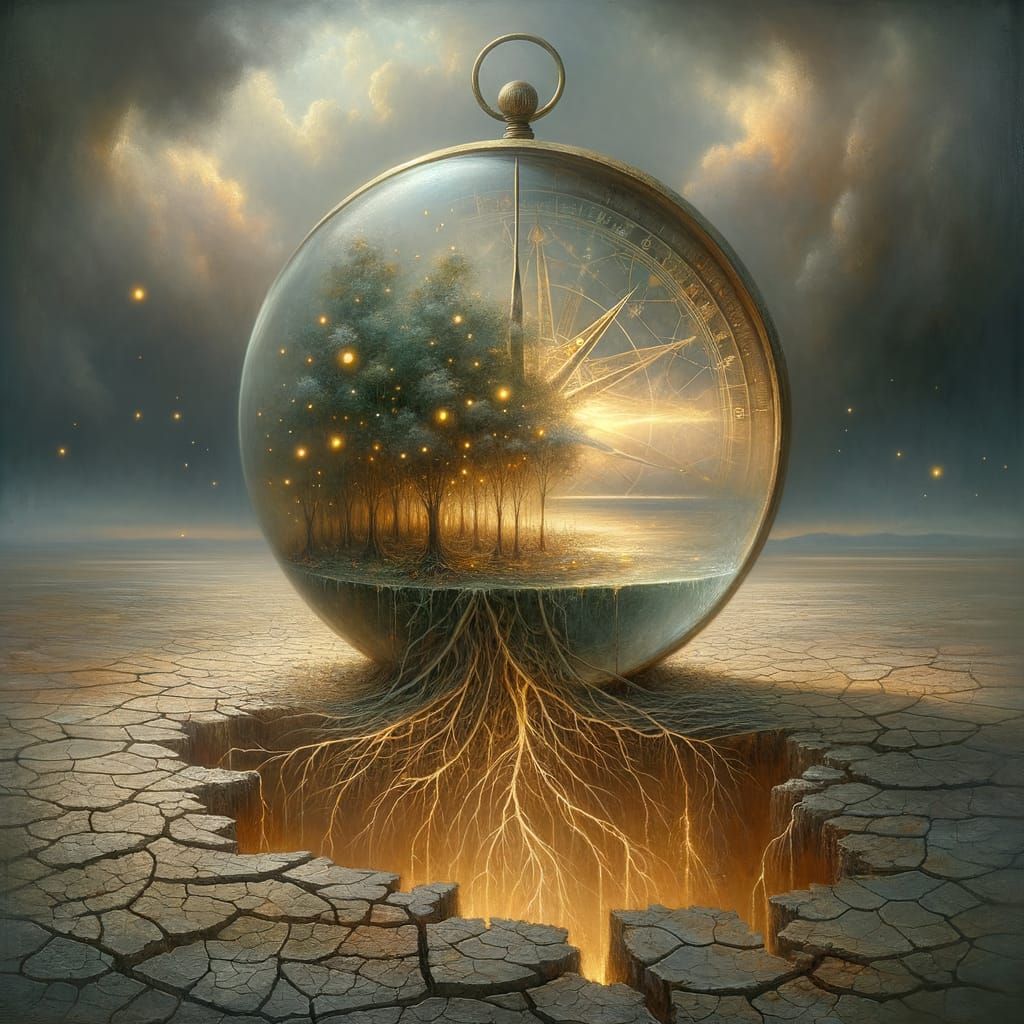 Surreal Landscape with Glowing Compass and Golden Forest