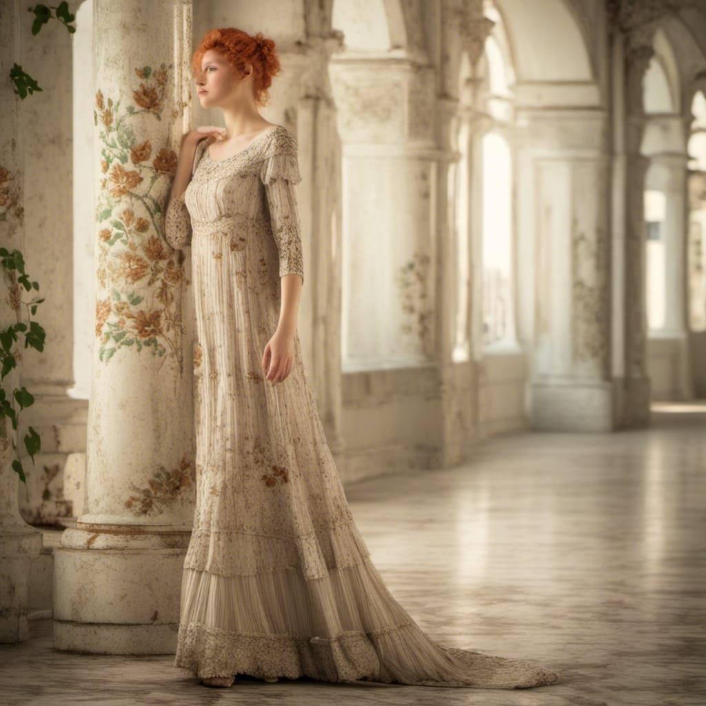 Elegant Woman in Embroidered Gown in Ballroom