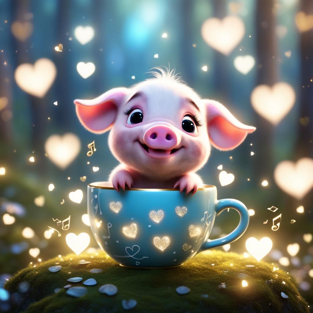 Disney Pixar style 3D tiny teacup piglet, big sweet eyes with long eyelashes, holding glittery sparkling hearts, laughin...