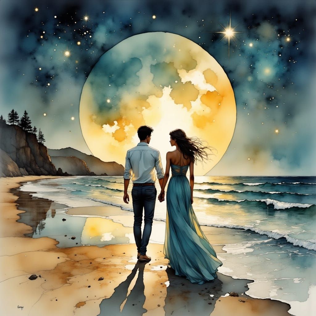 Couple on Moonlit Beach in Alcohol-Ink Style