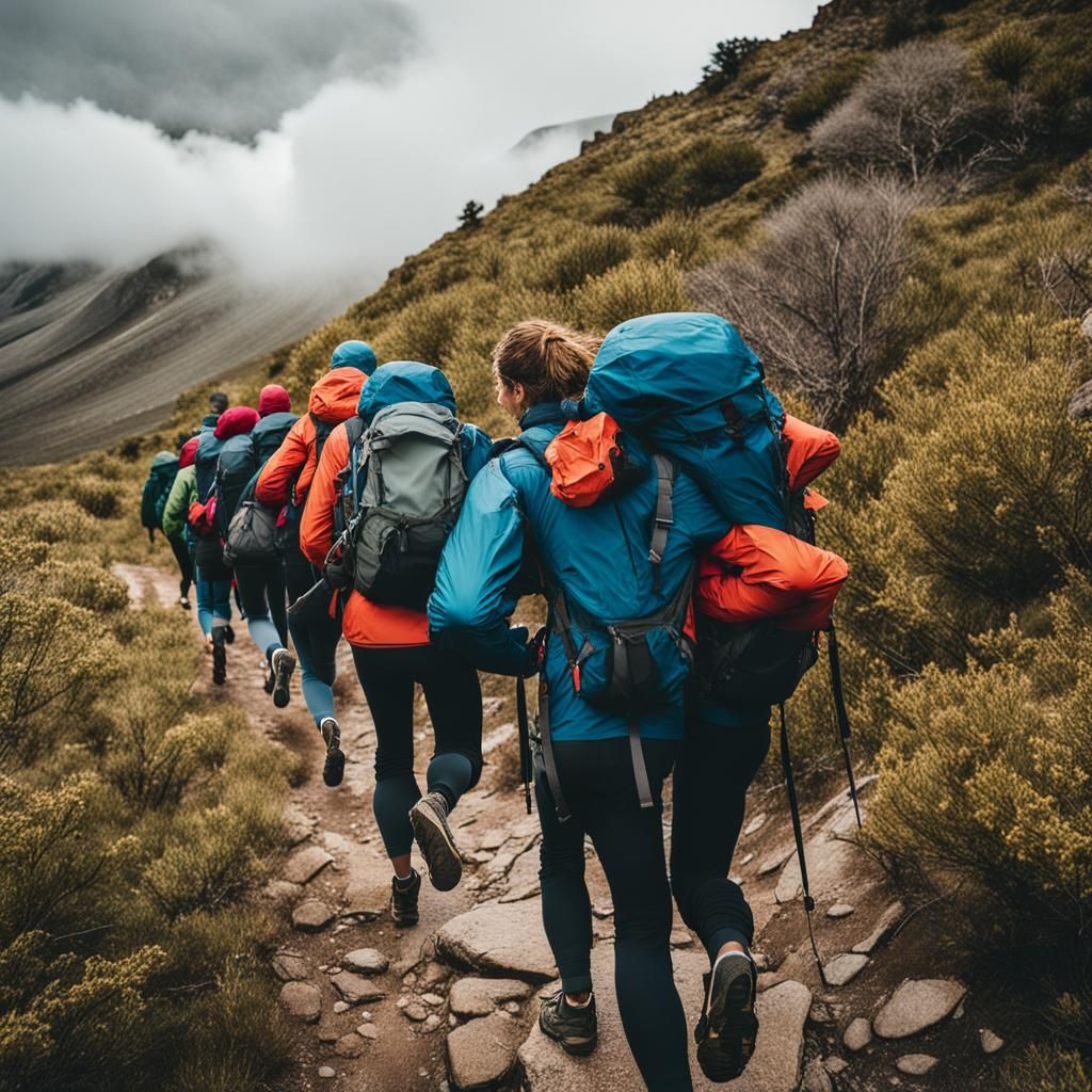 A group of friends hiking on a narrow trail grips onto each other for support as the wind pushes them sideways. Their ja...