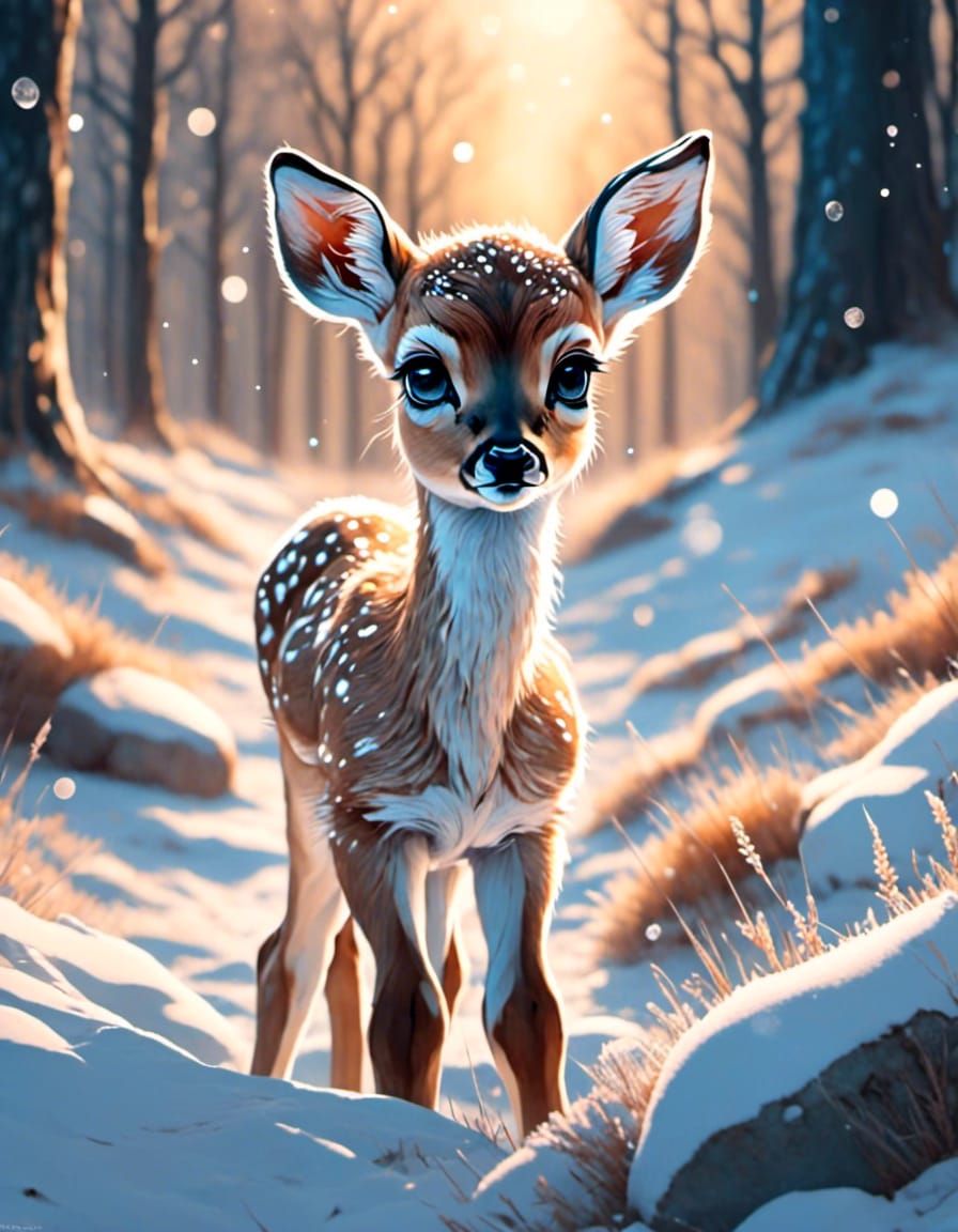 Cute Fawn with Big Eyes in Winter Landscape