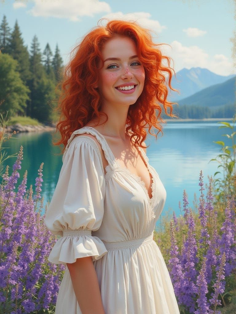 Smiling Woman in Flowy Dress Amidst Colorful Landscape
