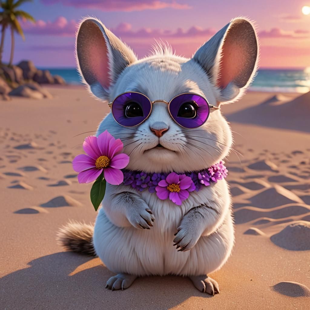 Chinchilla on Beach at Sunset: 3D Digital Art