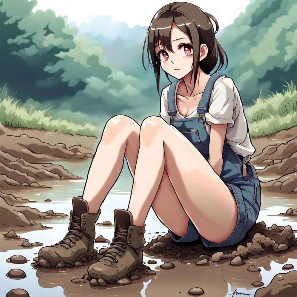 Anime Style Woman Sitting in Mud