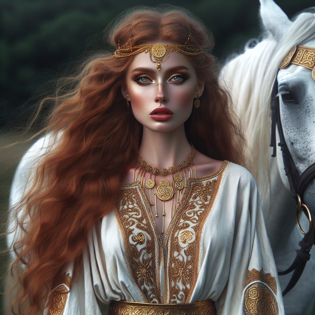 Celtic Goddess Epona on Stallion in Maximalist Style
