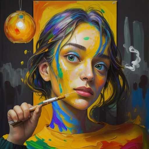 Girl Painting at Bar in Pop Art Style