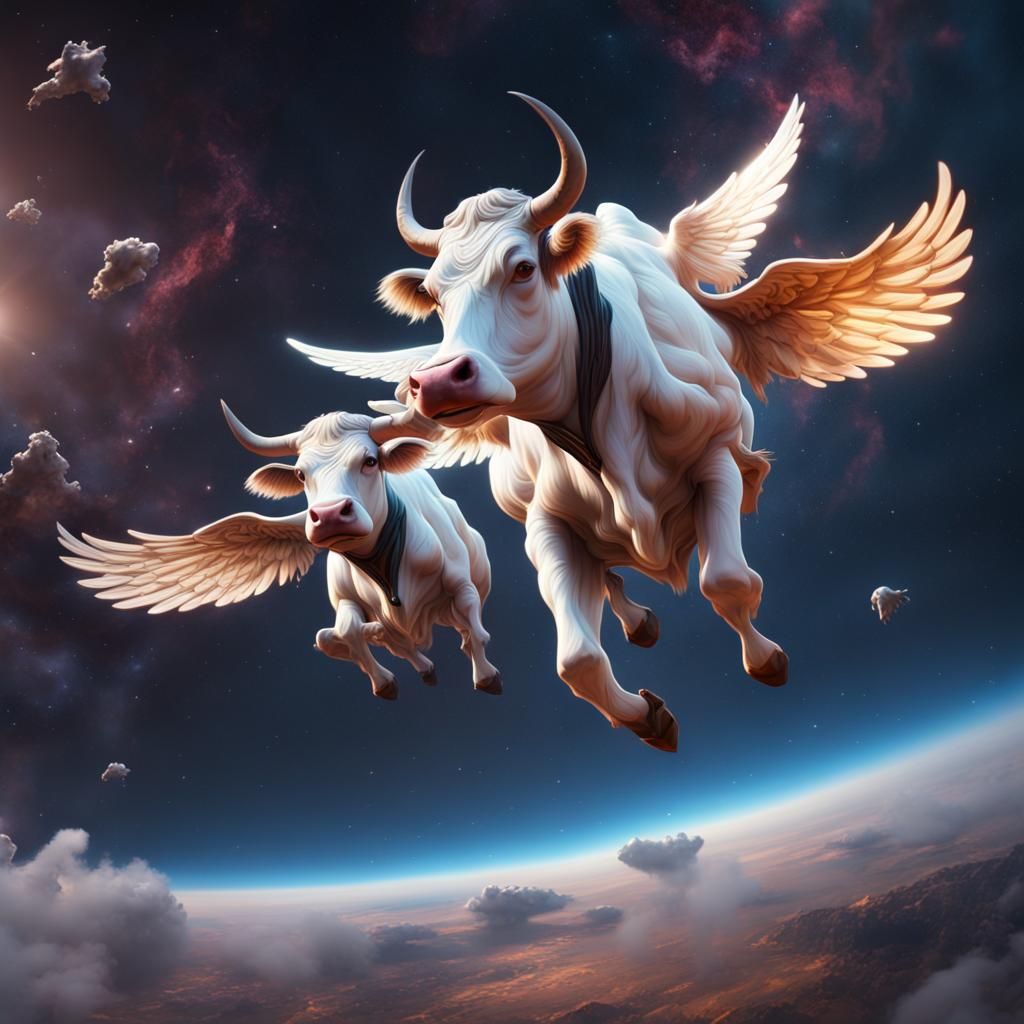 Angelic Cow Flies Through Space in Detailed Painting