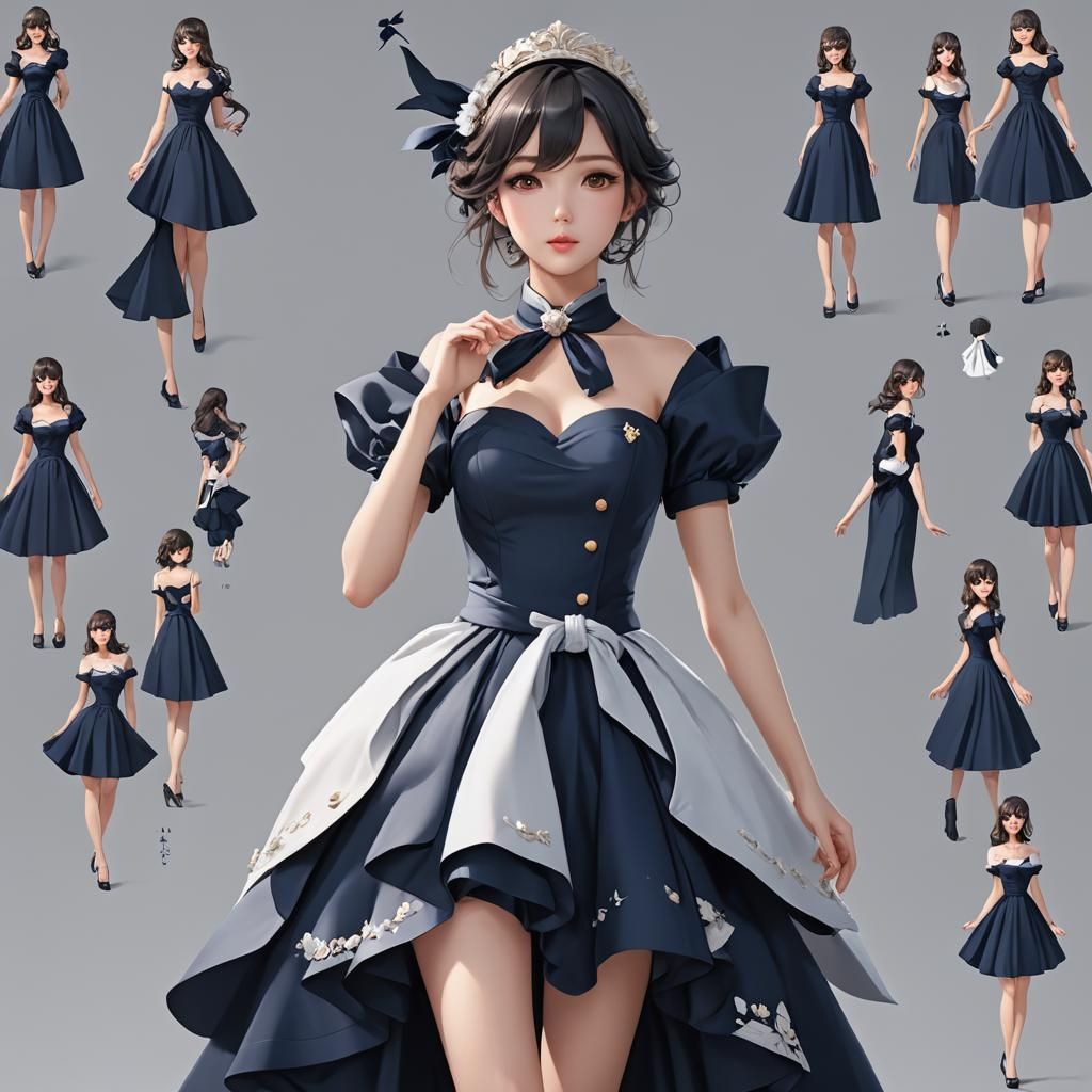 Elegant Navy Dress in 3D Anime Style