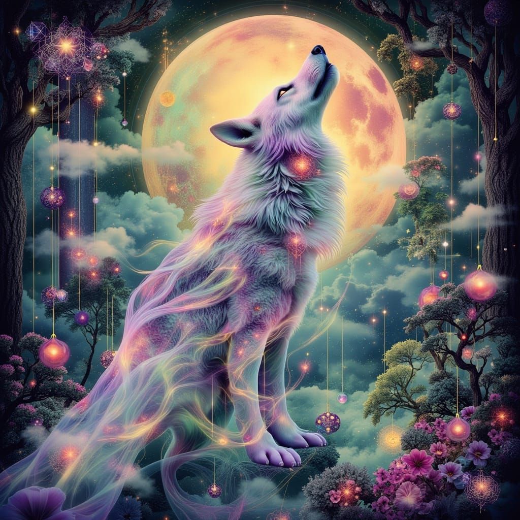 Geometric Wolf in Surreal Landscape