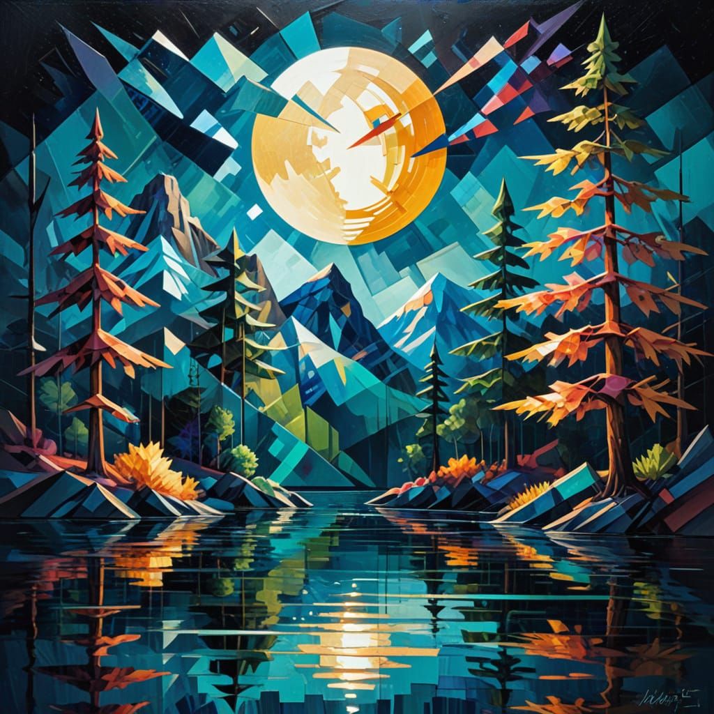 Cubist Moonlight Over Mountain Lake and Forest