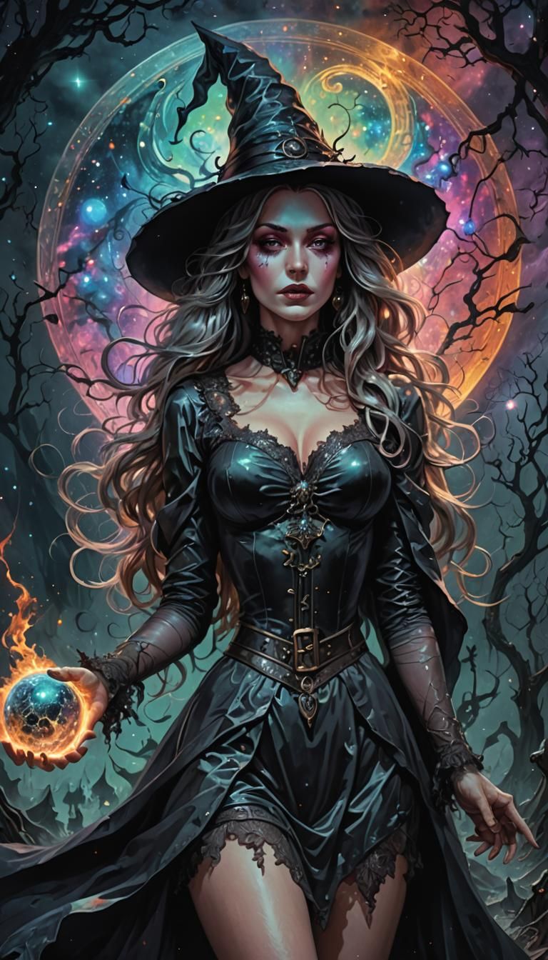 Cosmic Horror Witch Pinup in Mixed Media