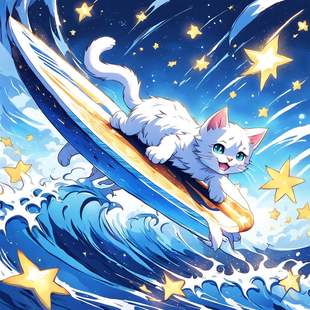 Cute Blue Kitten Surfing a Shooting Star in Anime Style
