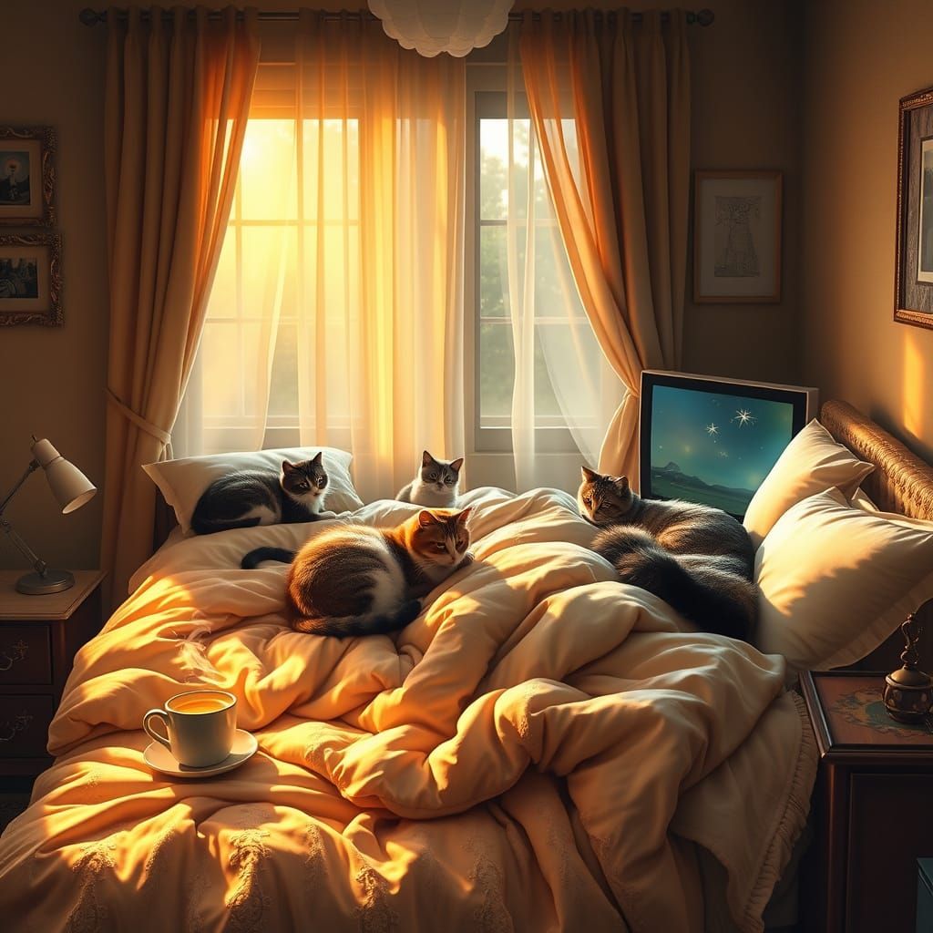 Cozy Bedroom Sanctuary with Cats in Golden Morning Light