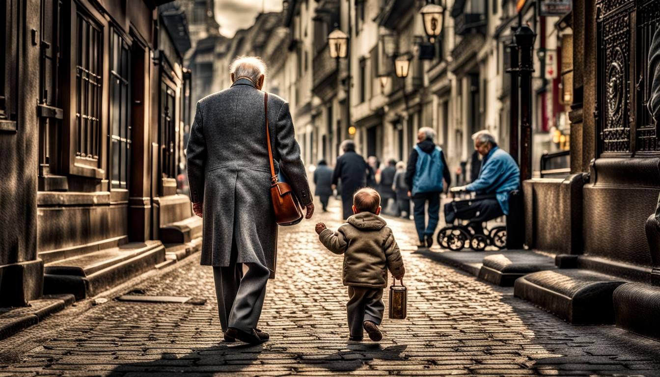 Baby Aging to Old Man in Cityscape
