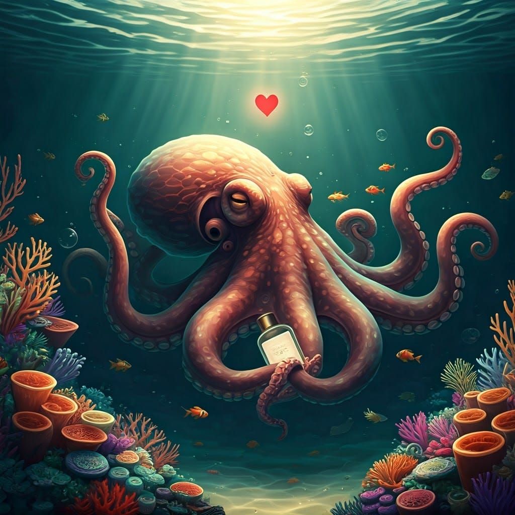 Sleeping Octopus with Heart in Dreamlike Ocean