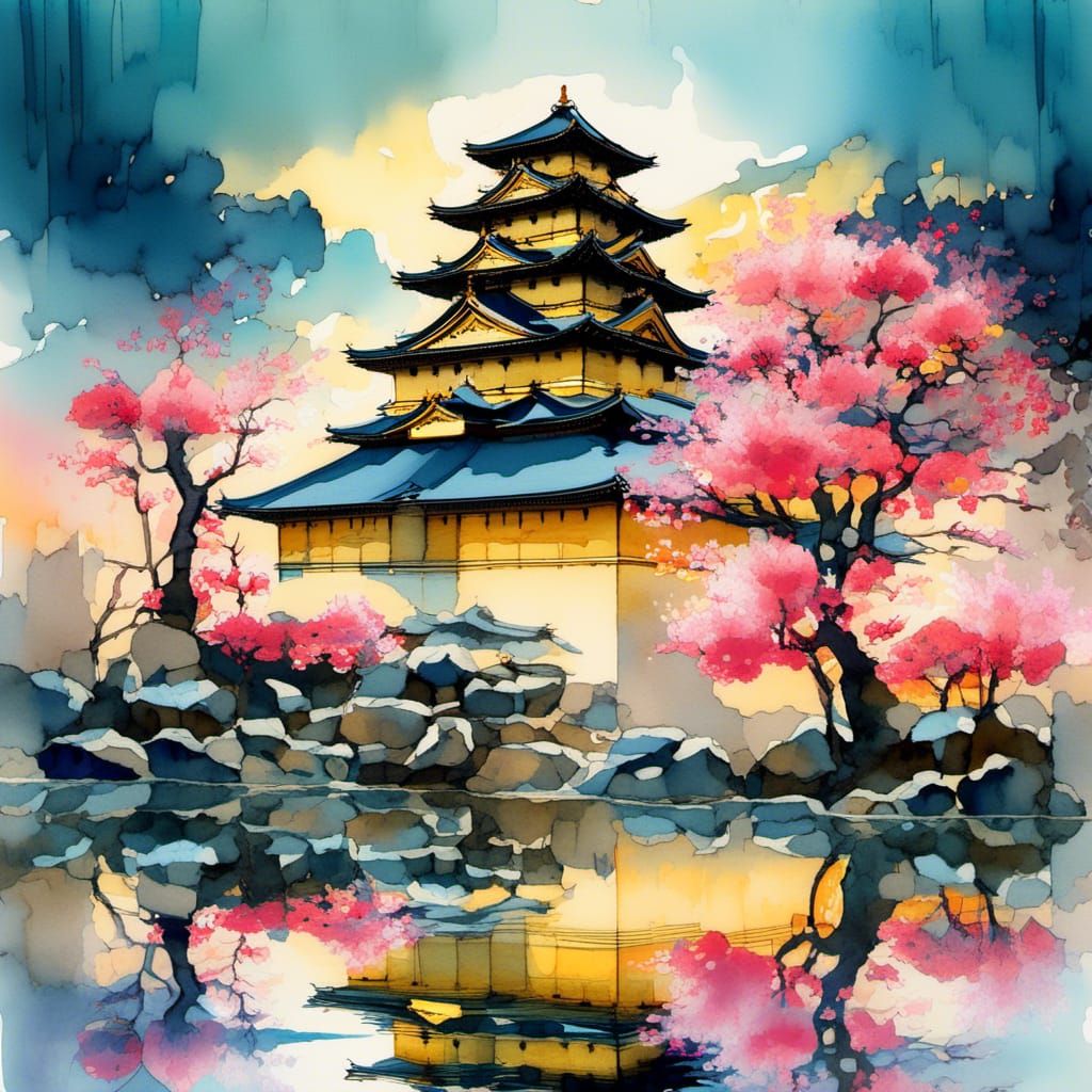 Japanese Castle Sunset in Digital Watercolor Style