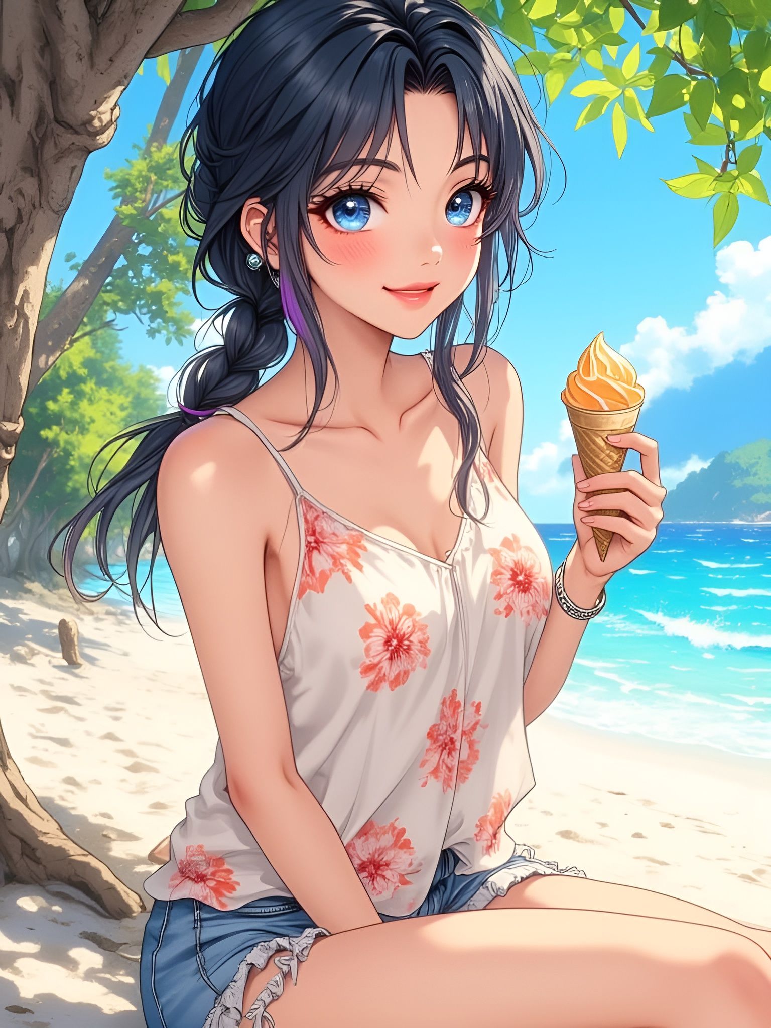 Anime Woman Laughing on Beach in Josei Manga Style