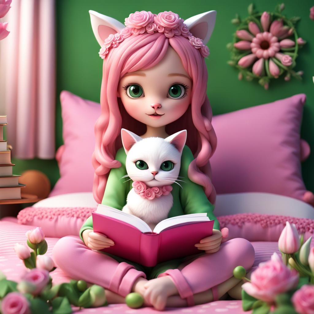 Girls Reading with Cat in 3D Style