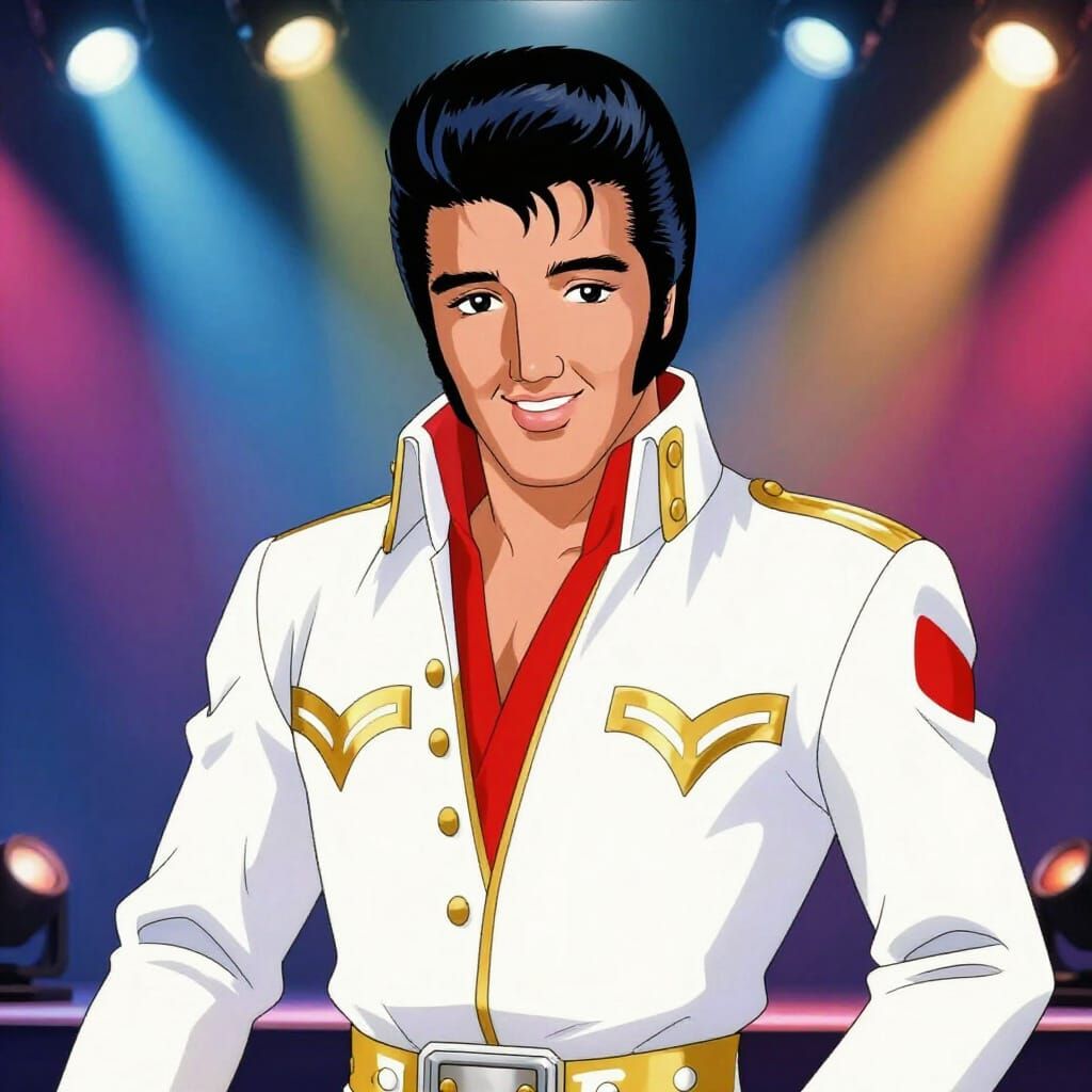 Anime Elvis Presley in White Jumpsuit with Spotlights