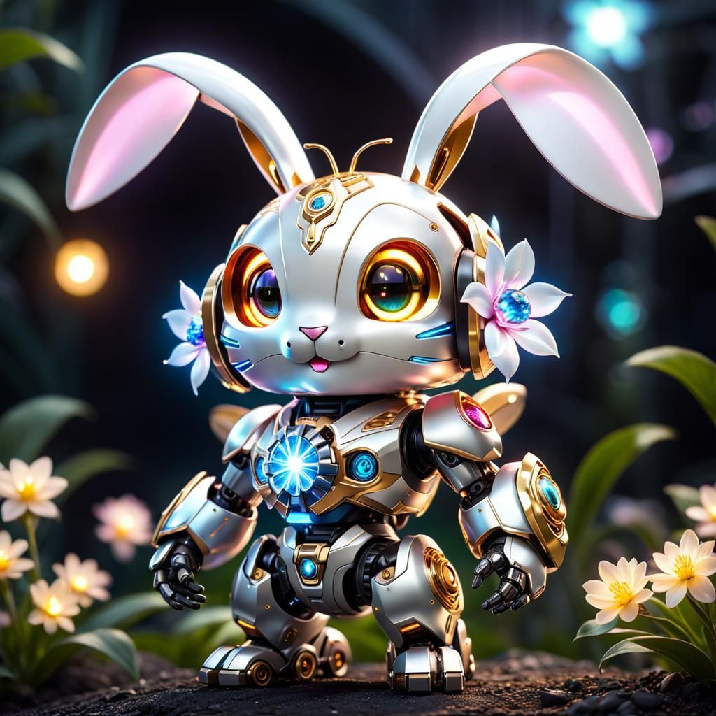 Chibi Robot Bunny with Electric Flower