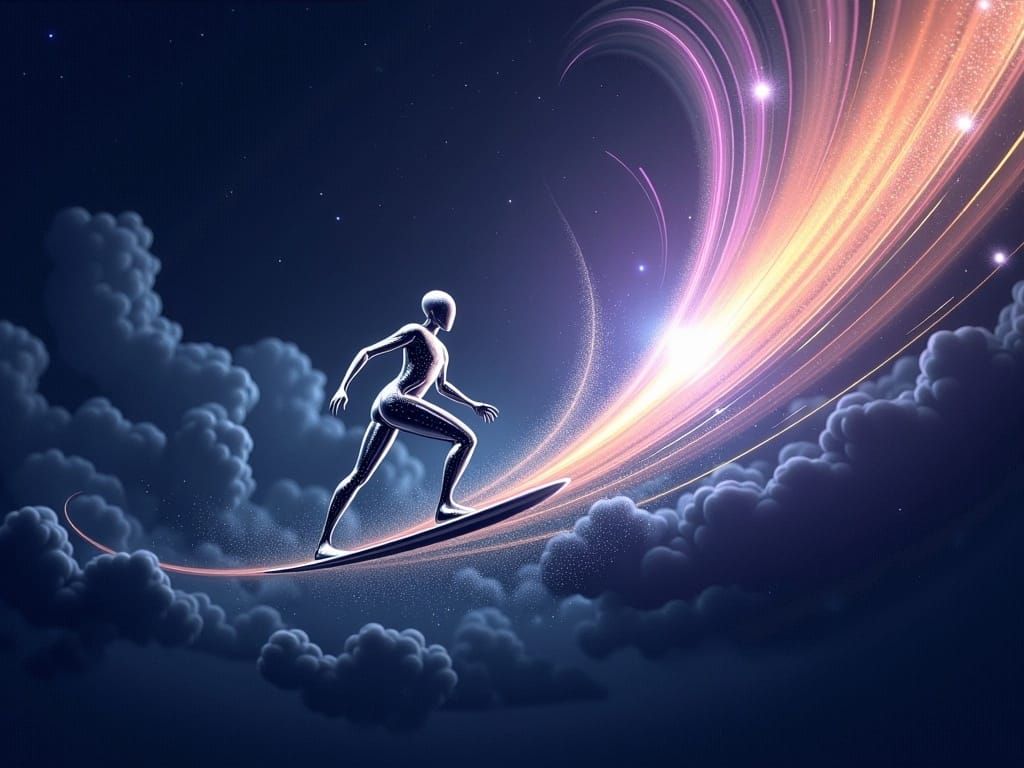 Sleek Silver Surfer Rides Celestial Wave in Cosmic Art