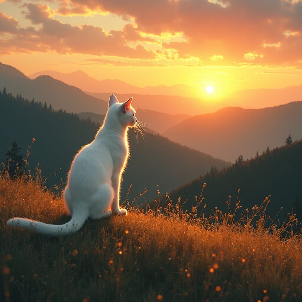 White Cat Guardian at Sunset Digital Matte Painting